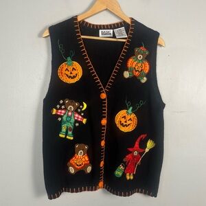 Vintage Basic Editions Halloween Vest Pumpkins Bears Knit Beaded Sweater Women L